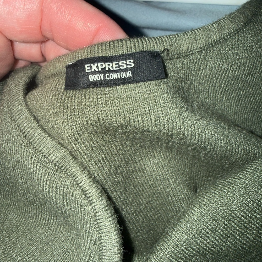 Express Women's Midi Bodycon Sweater Dress Olive Green V-Neck Stretch - Picture 3 of 4